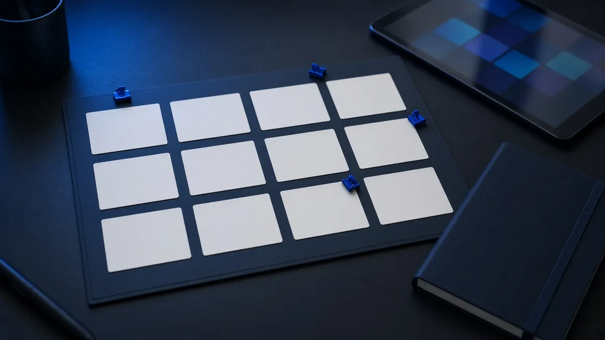 Blank cards pinned in a grid on a dark board, next to a notebook and a tablet.