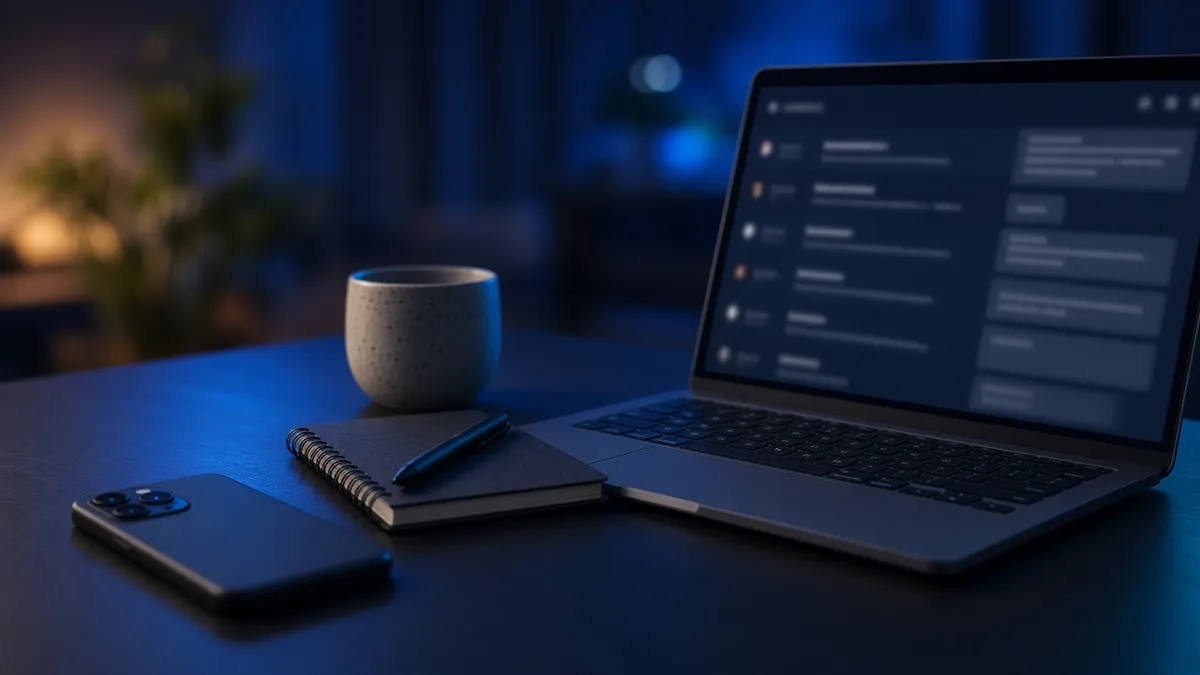 A laptop with a blurred message list, a face-down phone, a notebook, and a cup on a dark desk.