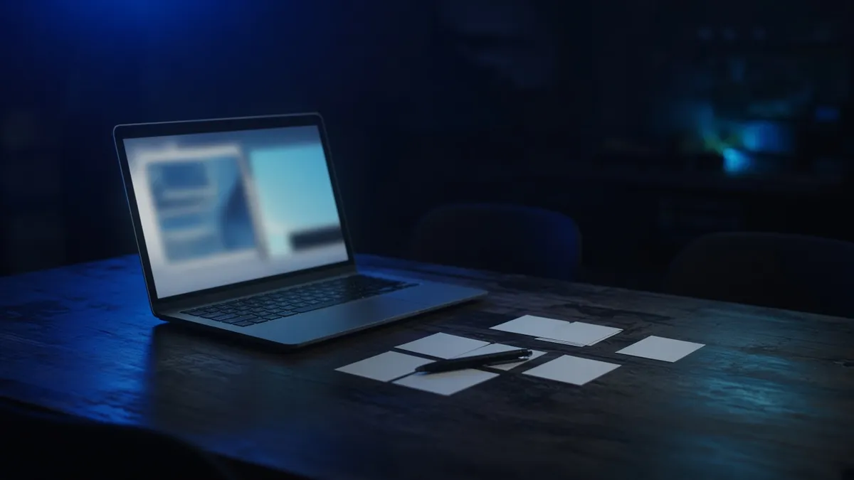 An open laptop with a blurred slide, blank notecards, and a pen on a workshop table.